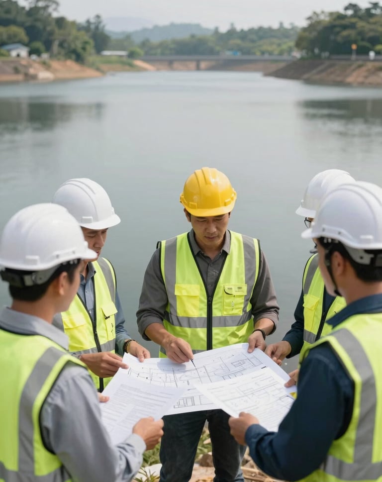A group of engineers in safety gear discussing project plans near a water reservoir in Indonesia, clean and professional setting, natural lighting.