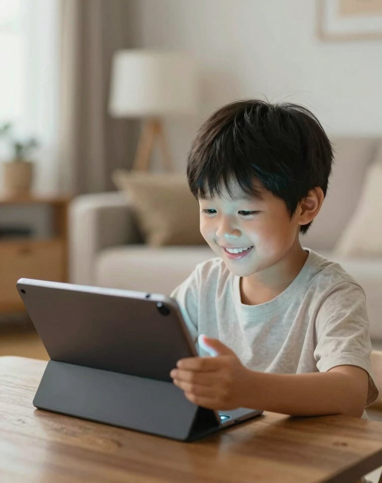 A lifestyle photo of a child smiling while interacting with a tablet that emits a soft #A6D1FF glow, in a warm, sunlit room with minimal, modern decor.