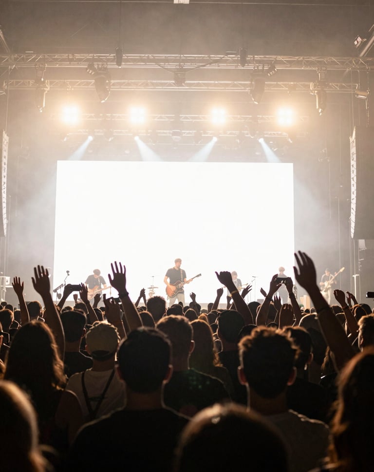 Wide-angle shot of a crowd at a professional music venue in a North American city. Silhouettes against bright off-white stage lights, capturing an immersive and emotionally powerful live concert experience.