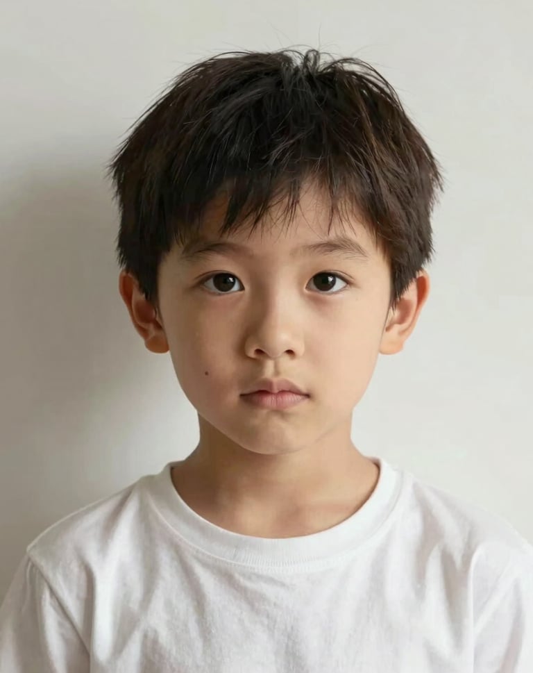 A professional studio portrait of a young child looking curiously into the camera. The style is very modern and minimalist, using an off-white background and soft charcoal grey shadows to create depth and emotion.