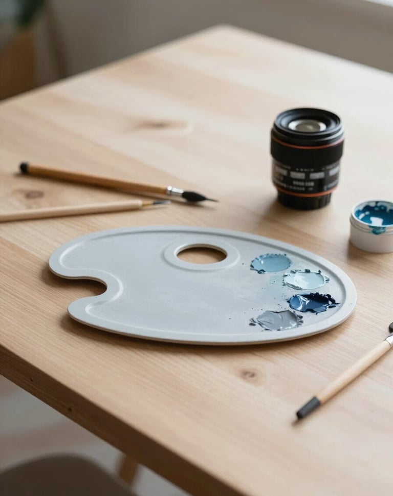 Detail of an artist's workspace in a light-filled room, featuring minimalist tools and a palette of light grayish blue paints on a clean wooden table, Latinoamericano / Español setting.