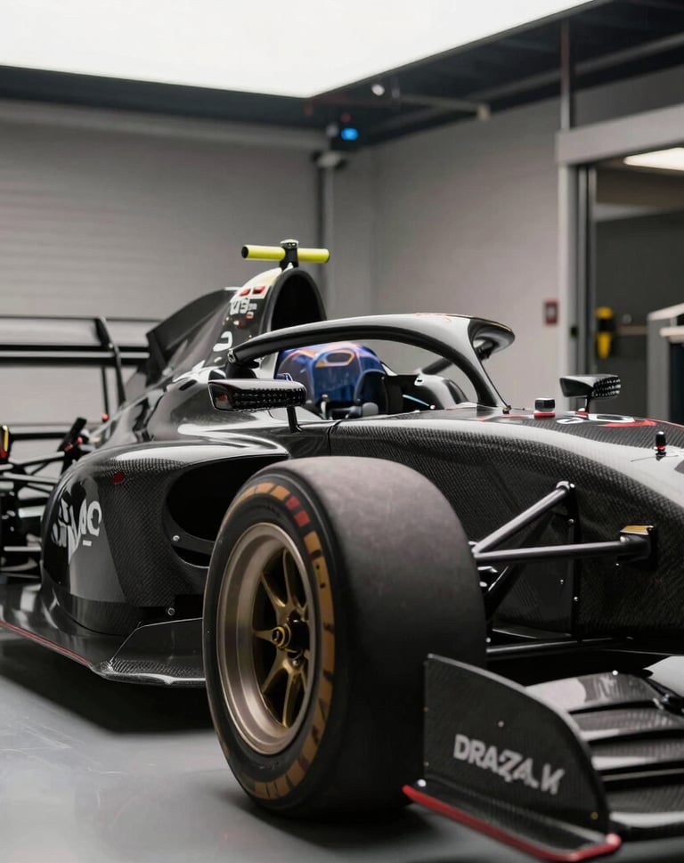 Professional photography of a Formula Indie car in a garage paddock, focusing on the intricate mechanical components and carbon fiber wing, lighting is sophisticated and modern.