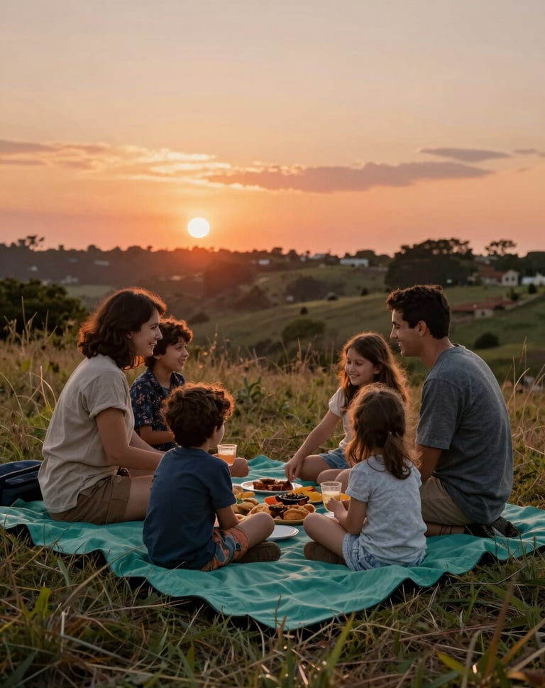 A wide shot of a family picnic on a teal green blanket, surrounded by nature. The sun is setting, casting a terracotta glow over the entire scene, capturing a real moment of sharing food and laughter.