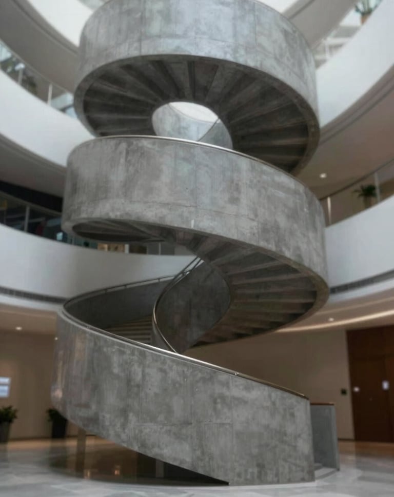 A low-angle view of a dramatic interior spiral staircase in a corporate lobby, featuring polished concrete and steel in #6B6760, creating a sense of modern elegance.