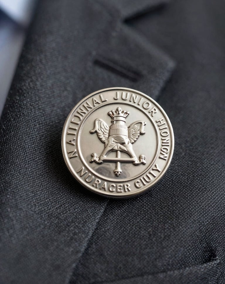 Photography of a polished silver National Junior Honor Society pin resting on a textured fabric, North American school context, shallow depth of field, sophisticated professional lighting.