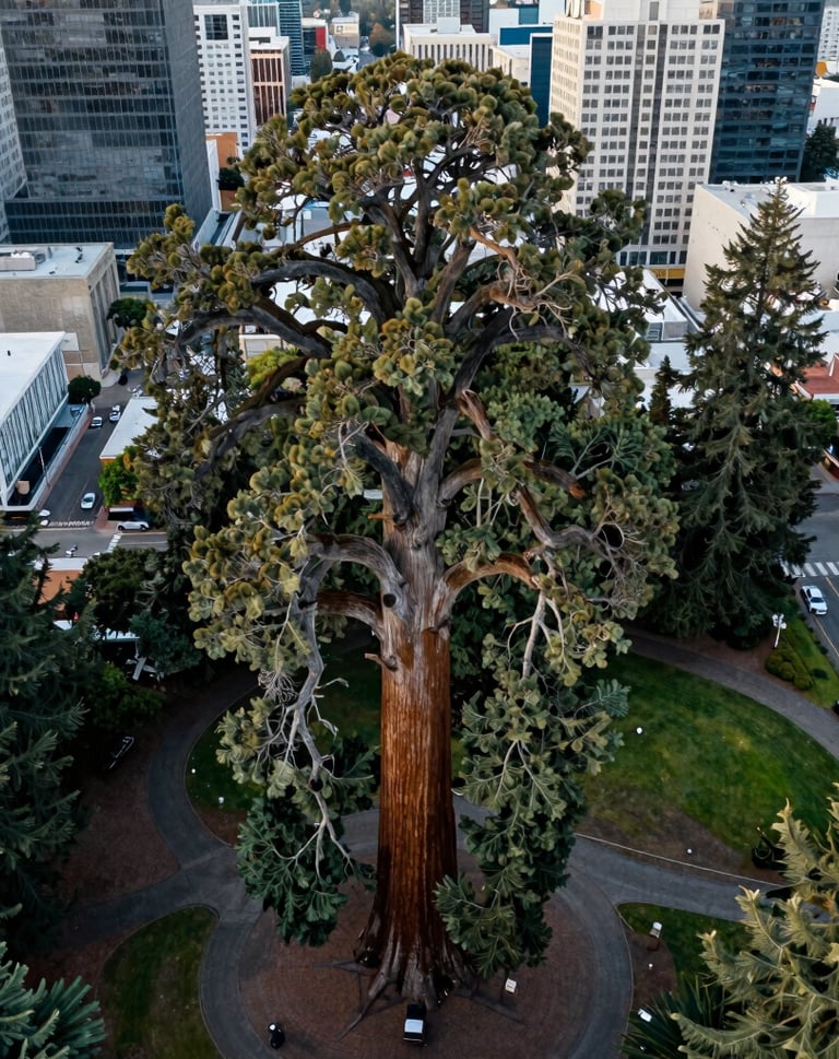 An aerial perspective showing a giant sequoia standing tall in an urban park. The surrounding city streets of Eugene, Oregon, are visible below, emphasizing the grand scale of the tree. The lighting is calm and professional with a light grayish green tone.