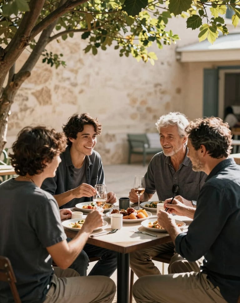 A candid shot of a family sharing a meal on an outdoor terrace in France, warm sunbeams filtering through leaves, cinematic natural style, earthy sand and anthracite color palette.