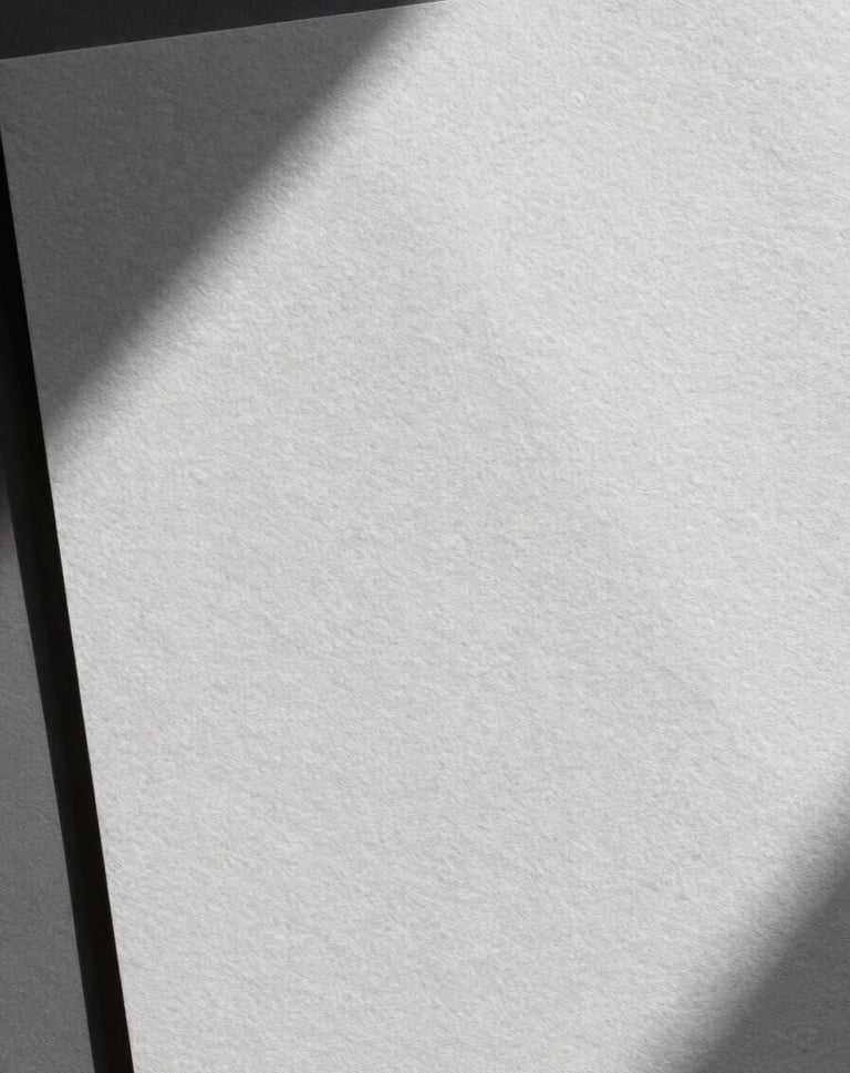 Detailed shot of textured handmade paper. The soft cloud white grain is visible against the muted steel shadows. The composition is off-center and modern, conveying an understated elegance.