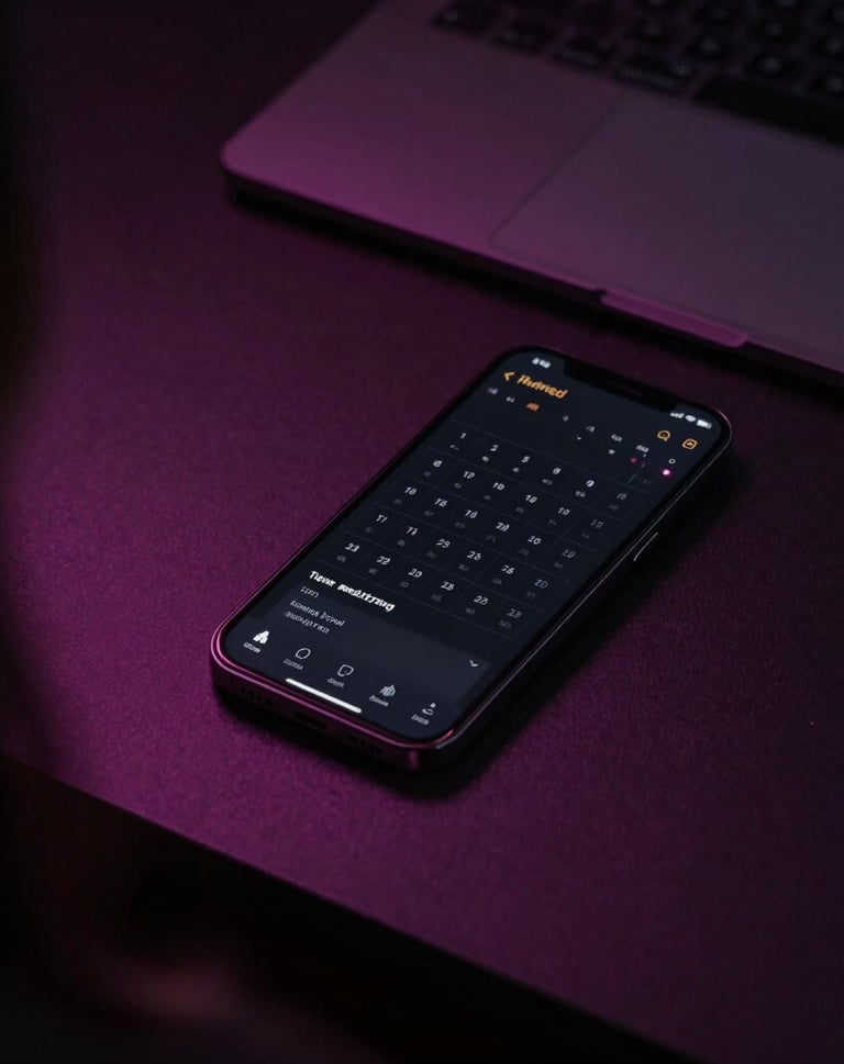 Over-the-shoulder shot of a clean, minimalist workspace with a smartphone showing automated calendar bookings, subtle fuchsia ambient lighting, sharp focus, 35mm