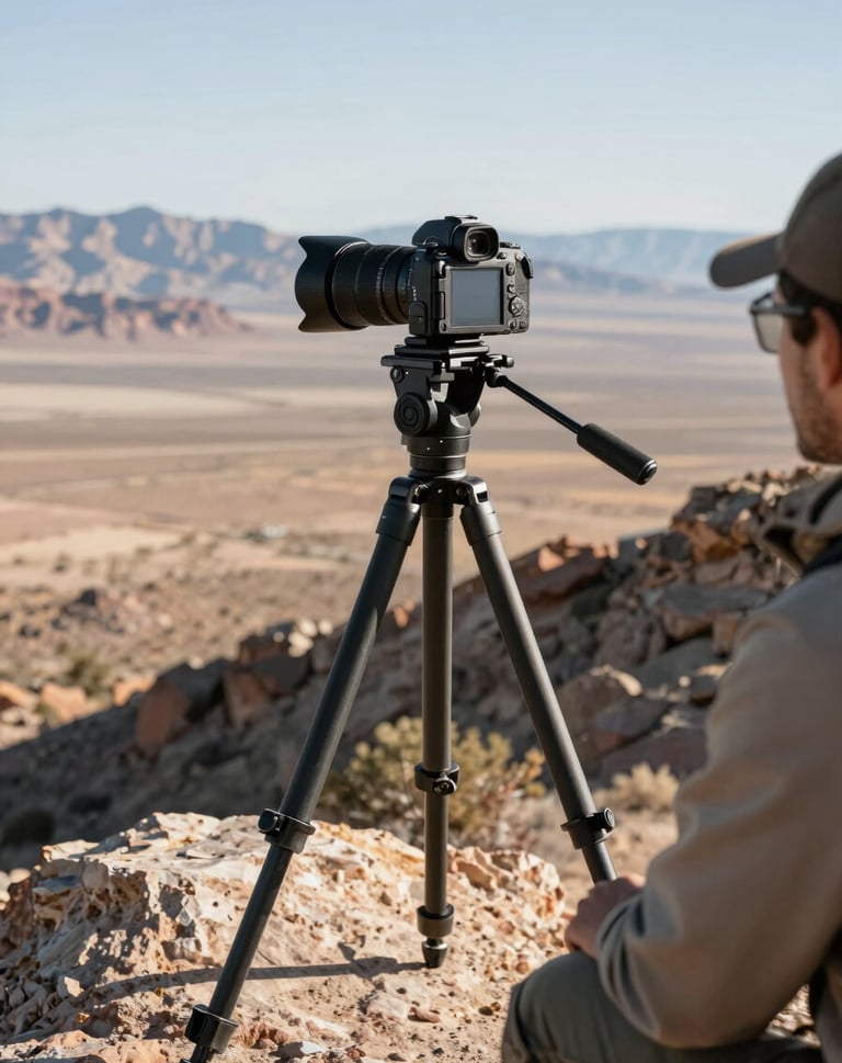 A detailed photograph of a professional landscape camera on a tripod, positioned on a rocky ridge overlooking a vast Nevada landscape. The attire of the photographer, visible only in part, is rugged outdoor gear suitable for the North American high desert. The scene conveys reliability and professional value.