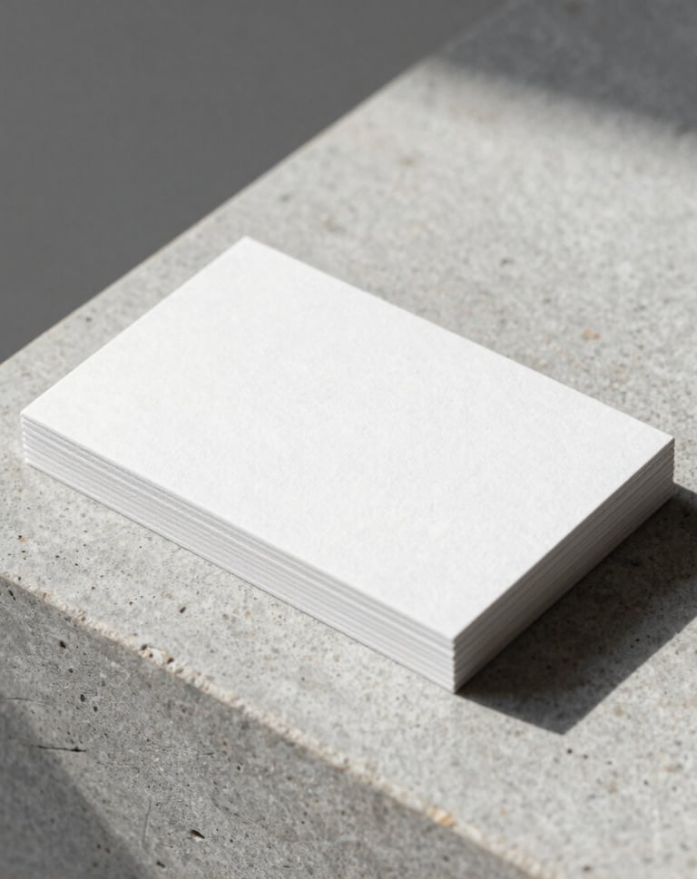 A minimalist brand identity mockup featuring a sleek business card on a light gray stone texture. The design is purely typographic and sophisticated, with sharp edges and a clean layout, illuminated by soft morning sunlight in a professional studio setting.