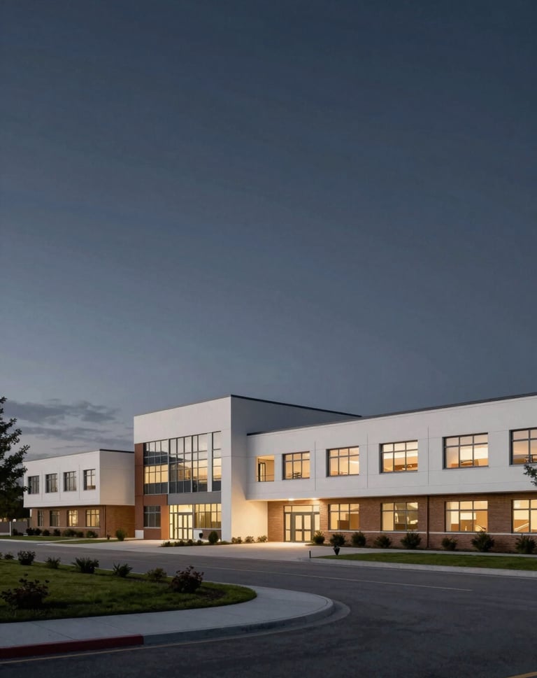 A wide shot of a newly built community school center at dusk. The building features clean architectural lines with #F8F8F8 highlights against a deep #1A1C20 twilight sky.