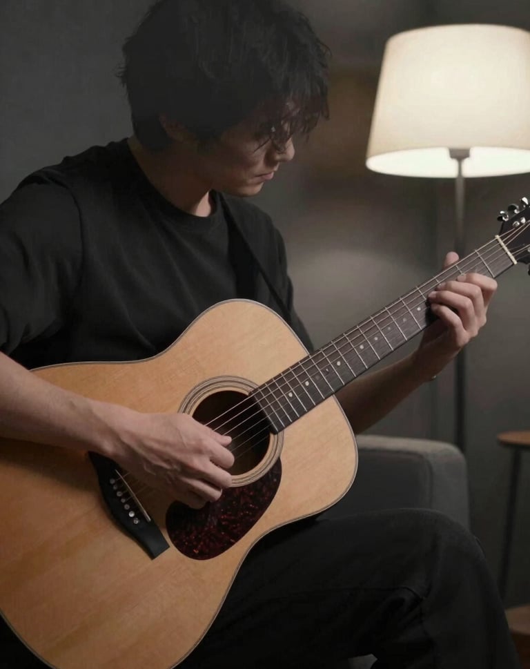A medium shot of a person playing a guitar in a dimly lit room. The composition is off-center and artistic. Shadows are dark slate grey, while a soft off-white lamp glow illuminates the warm taupe wood of the guitar.