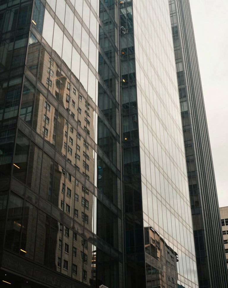 Detailed artistic shot of urban textures and glass reflections in a Latin American / Hispanic business district, sophisticated lighting with Soft Off-White highlights.
