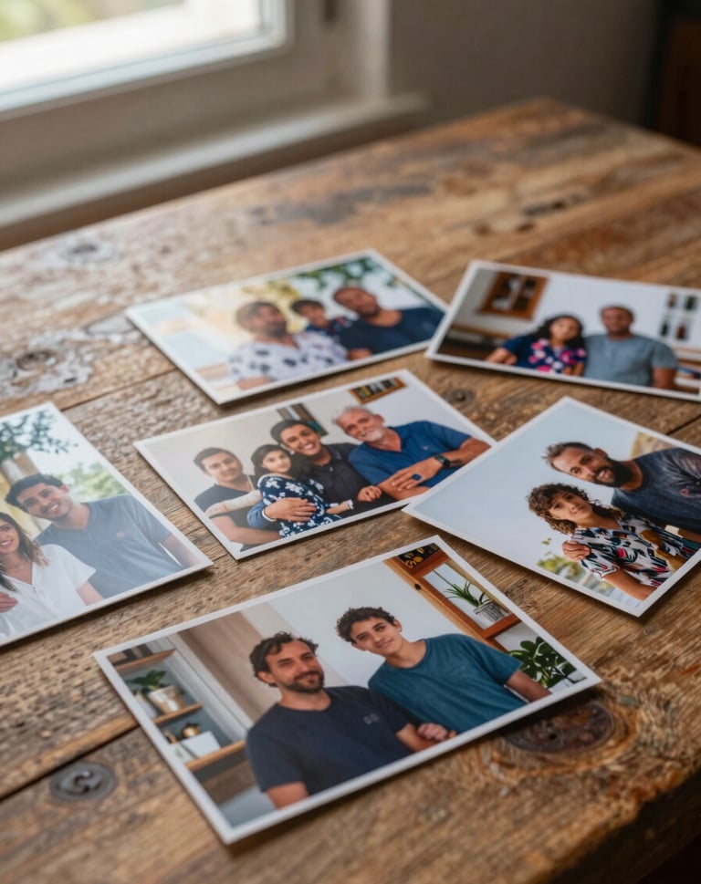 A collection of high-quality physical photo prints lying on a rustic wooden table. The photos show cinematic family moments with warm tones. Soft natural light coming from a nearby window in a Portuguese home.