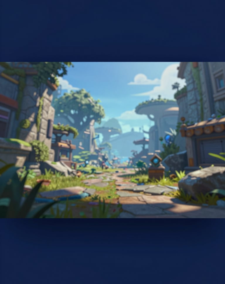 A polished, high-fidelity render of a game environment with advanced particle effects and dynamic lighting, showcasing professional technical expertise. Brand colors #3F516B and #E0E8F0 are integrated naturally.