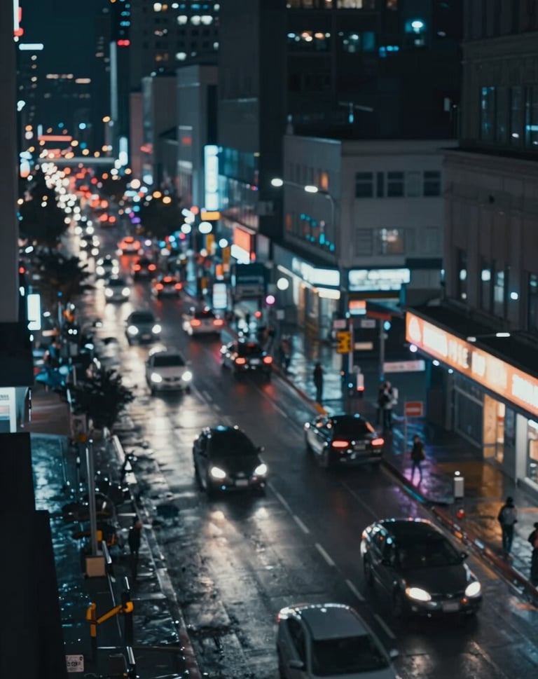 An urban cityscape at night shot from a high angle, neon lights reflected in wet asphalt, deep navy #1B263B and slate grey #A0B0C0 palette, dynamic motion blur from passing cars, cinematic film aesthetic.