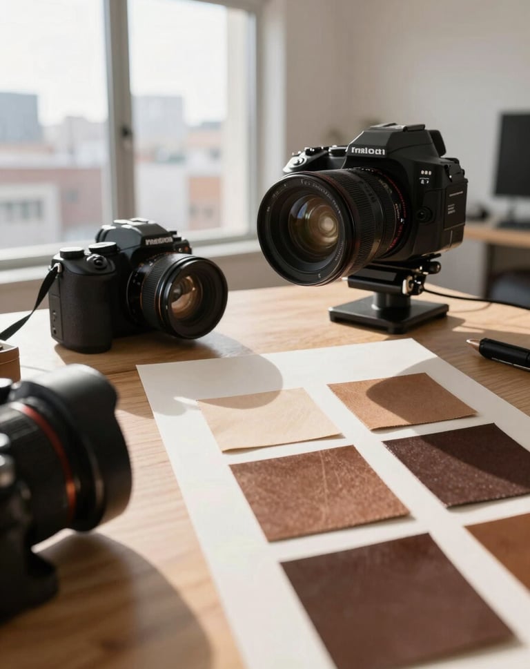 Professional photography equipment set up in a bright studio with large windows. The light hits a mood board with warm beige and deep espresso brown swatches, representing a high-end creative process in a Hispanic city.