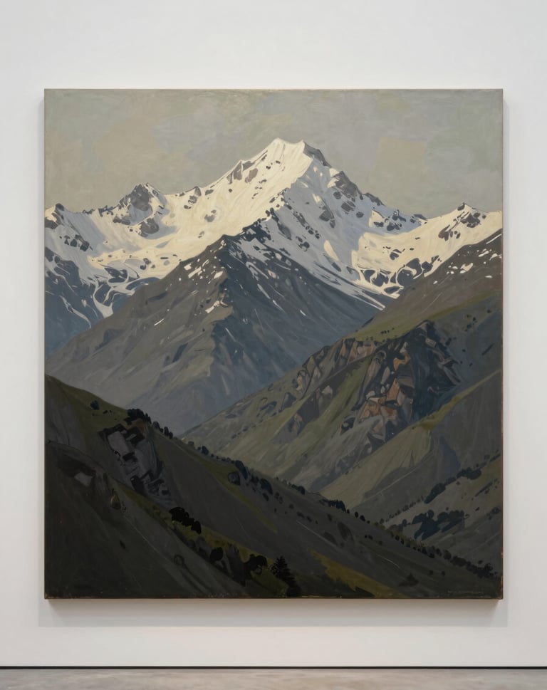 A large-scale landscape painting showing a rugged mountain range. The peaks are touched with soft off-white snow, contrasting against muted olive-grey slopes. Displayed in a sophisticated, high-end art gallery setting.