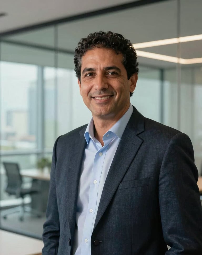 Professional corporate headshot of a South American executive in a modern glass-walled office in São Paulo. Clean composition, natural but controlled lighting, professional and modern atmosphere.