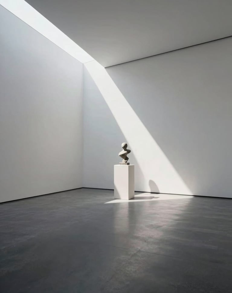 A minimalist architectural shot of a modern gallery space. High contrast between #F5F4F0 walls and #26211F floor. A single shaft of light hits a sculpture. Sophisticated, creative, and professional atmosphere.