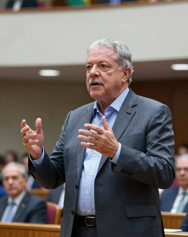 A South American / Brazilian leader giving a keynote speech in a contemporary auditorium, gesturing confidently. The color palette includes hints of Steel Blue and Dark Slate Grey in the attire and decor.