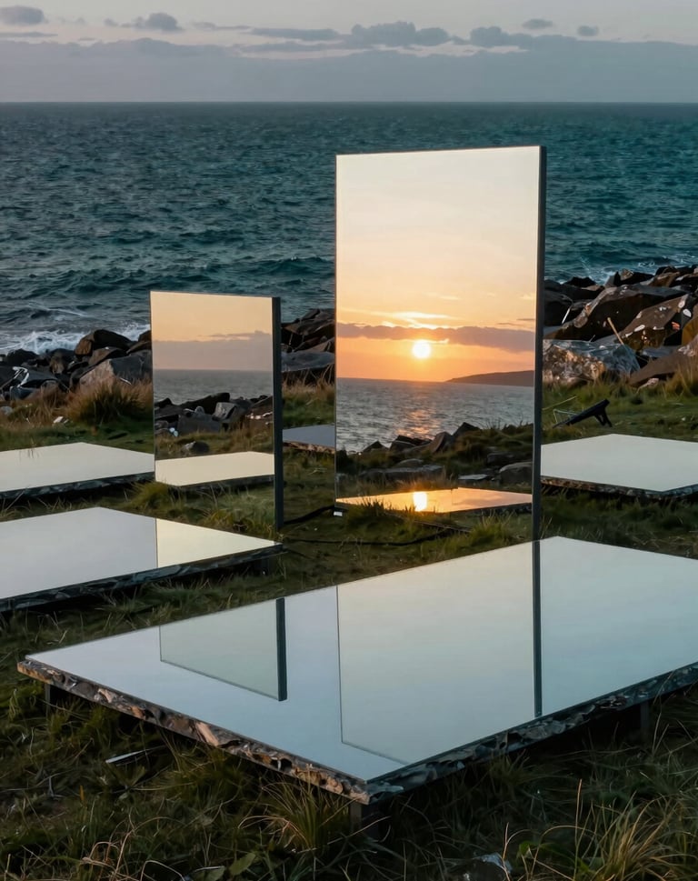 An outdoor art installation in a rugged Northern European / Welsh / British coastal landscape. Large slate mist colored mirrors are arranged on the grass, reflecting the deep charcoal teal sea and the golden ochre of the setting sun.
