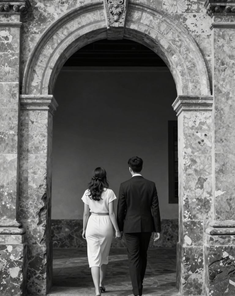 Candid black and white style photograph, tinted with subtle slate grey-blue tones, showing the couple walking away together through a historic Spanish stone archway. High contrast, cinematic lighting, timeless romantic mood.