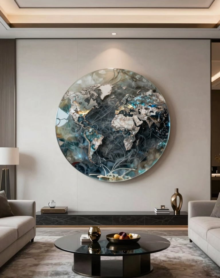 A wide shot of a modern International / Global living room where a large, circular resin art piece from Series IV hangs on a minimalist wall, harmonizing with the elegant and modern interior design.