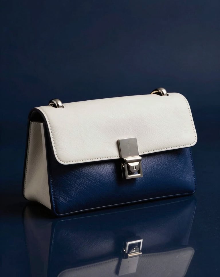 A high-fashion editorial close-up of a designer accessory resting on a dark, reflective surface. The color palette is strictly deep blue and off-white with crisp, professional studio lighting.
