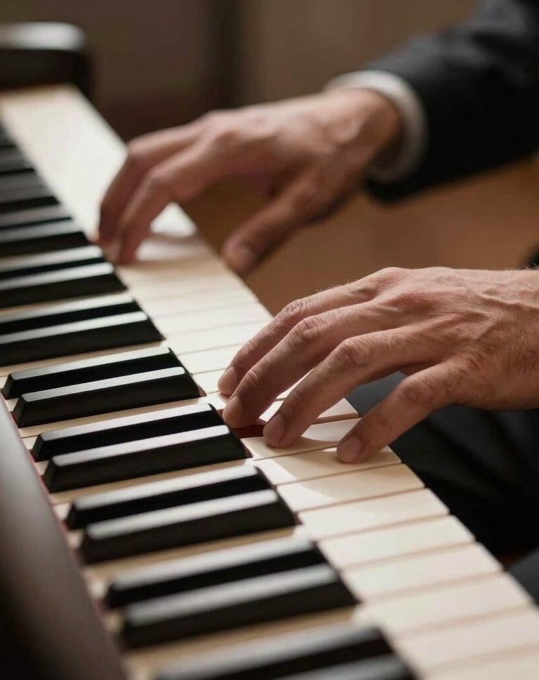 Cinematic photography of a musician's hands resting on a piano keyboard, soft focus, dramatic shadows, warm taupe and deep brown tones, professional and elegant, International / Western.