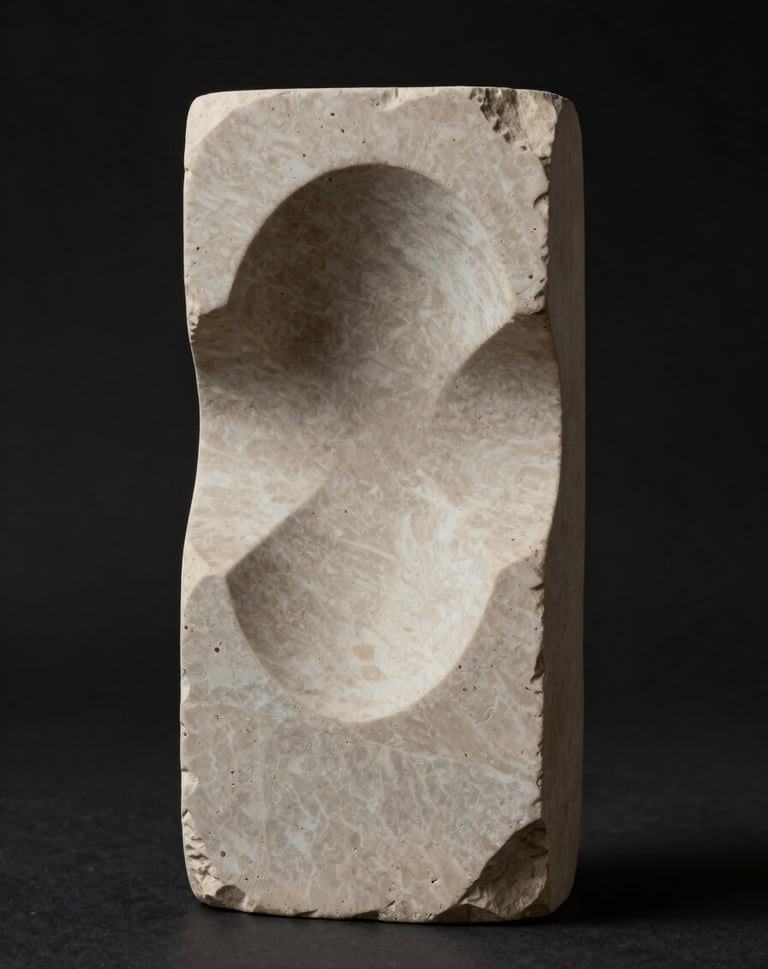 An artistic still life featuring a single sculptural element in beige stone against a black background, soft cinematic lighting, embodying modern elegance and clarity.