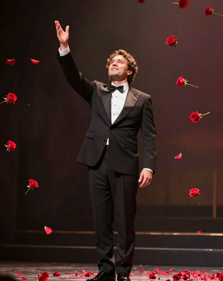 The tenor taking a final bow on stage as Borgogna red roses fall around him. The lighting is celebratory and warm, capturing a moment of international success and artistic triumph.