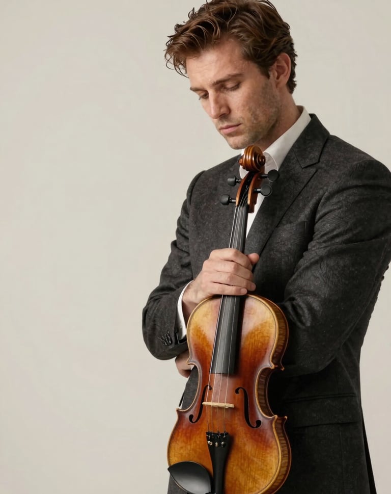 An elegant portrait of a violinist in a dark charcoal suit holding a violin, sober and professional style, soft off-white background, Southern European / Spanish artistic excellence.