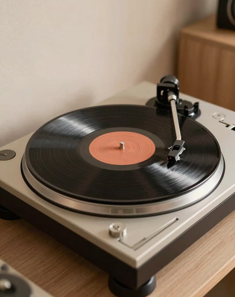 A stylish vinyl record spinning on a high-end turntable. The setting is a cozy yet modern listening room with beige accents and warm lighting, emphasizing a premium musical experience.