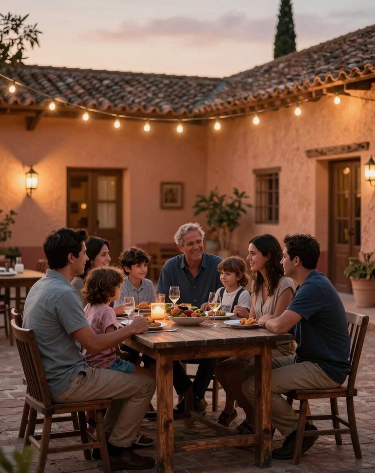 A cinematic portrait of a family gathered around an outdoor wooden table in a Spanish courtyard at dusk. String lights overhead, warm sunset light. The mood is joyful and authentic. Earthy terracotta and charcoal tones.