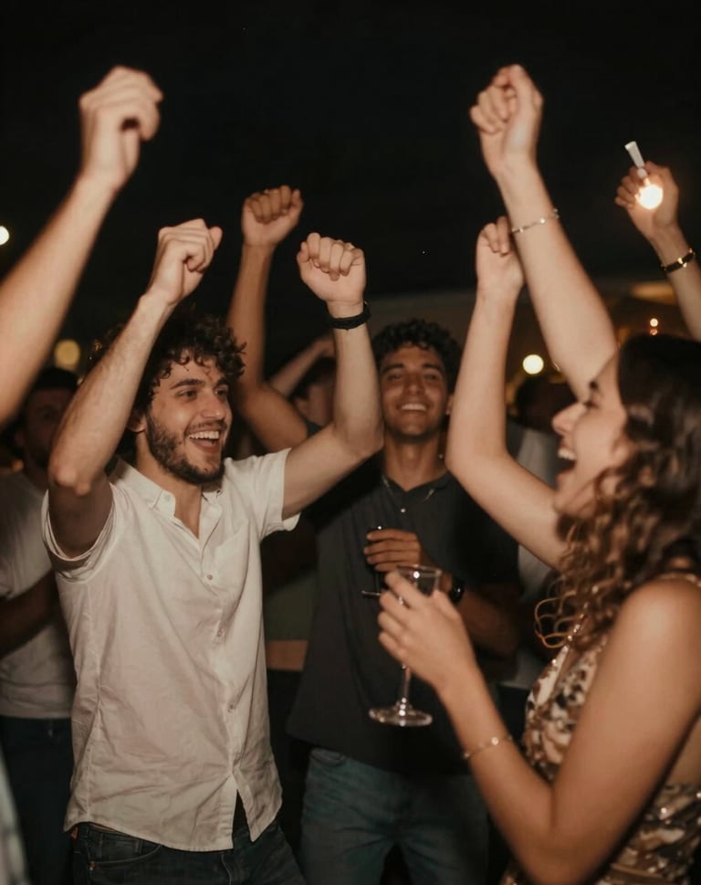 A blurred, artistic motion shot of a celebration. Warm glows of #C4B29A light against a #262626 background, capturing a fleeting, joyous moment.