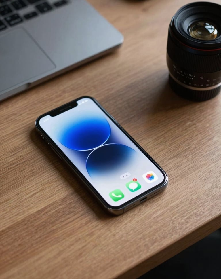 Top-down view of a minimalist desk setup in a North American tech hub, featuring a smartphone with a royal blue app icon on the home screen.