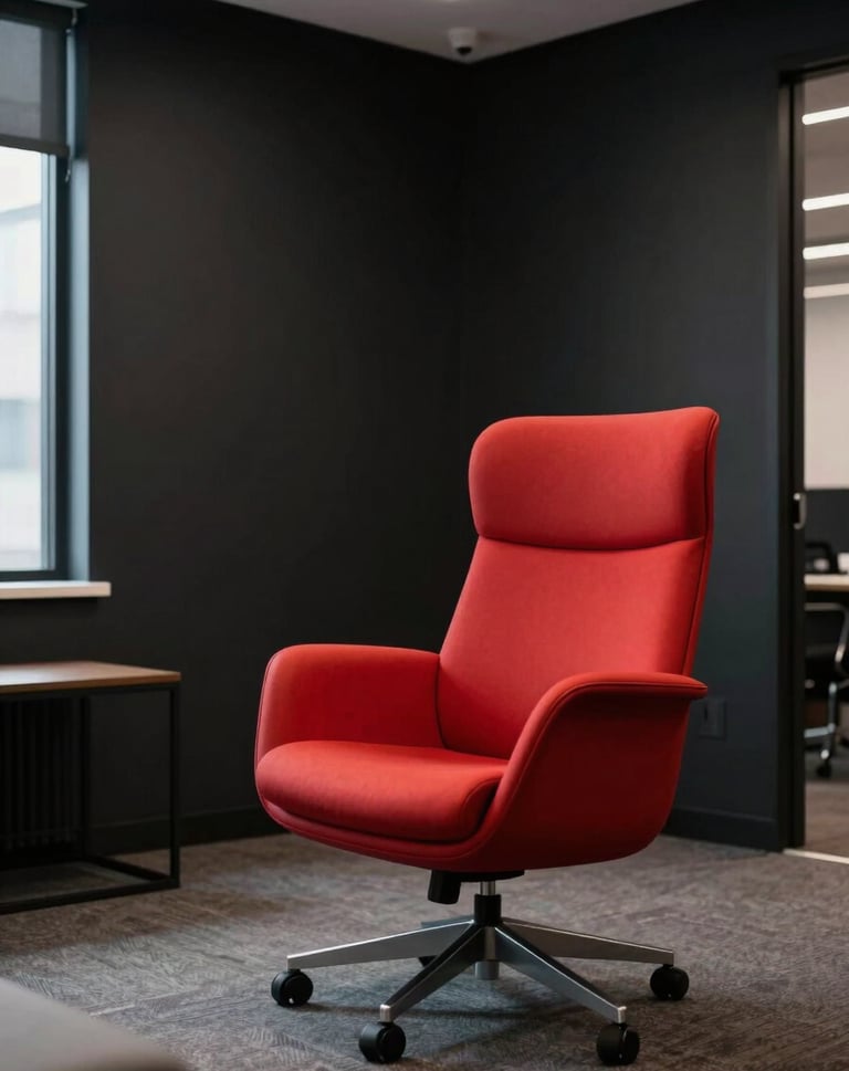 A stylized interior shot of a modern North American office lounge with one vibrant red designer chair as the focal point, deep black walls, and soft overhead light creating a striking contrast.