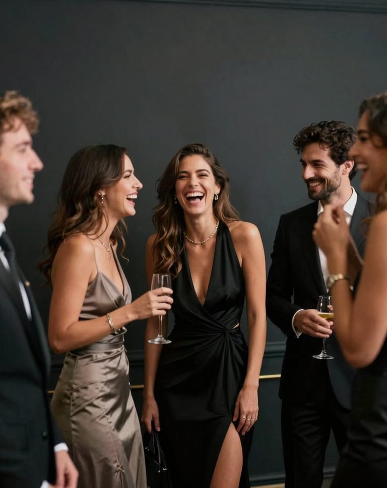 Candid shot of people laughing at a gala in a Southern European setting, stylish outfits, motion blur, sophisticated and emotional, dark charcoal background.