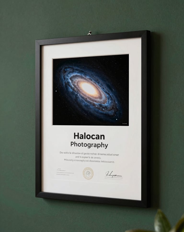 A framed award certificate for best photography, specifically for the Halley Comet photo, hanging in a sophisticated South American / Brazilian office with dark forest green accents.