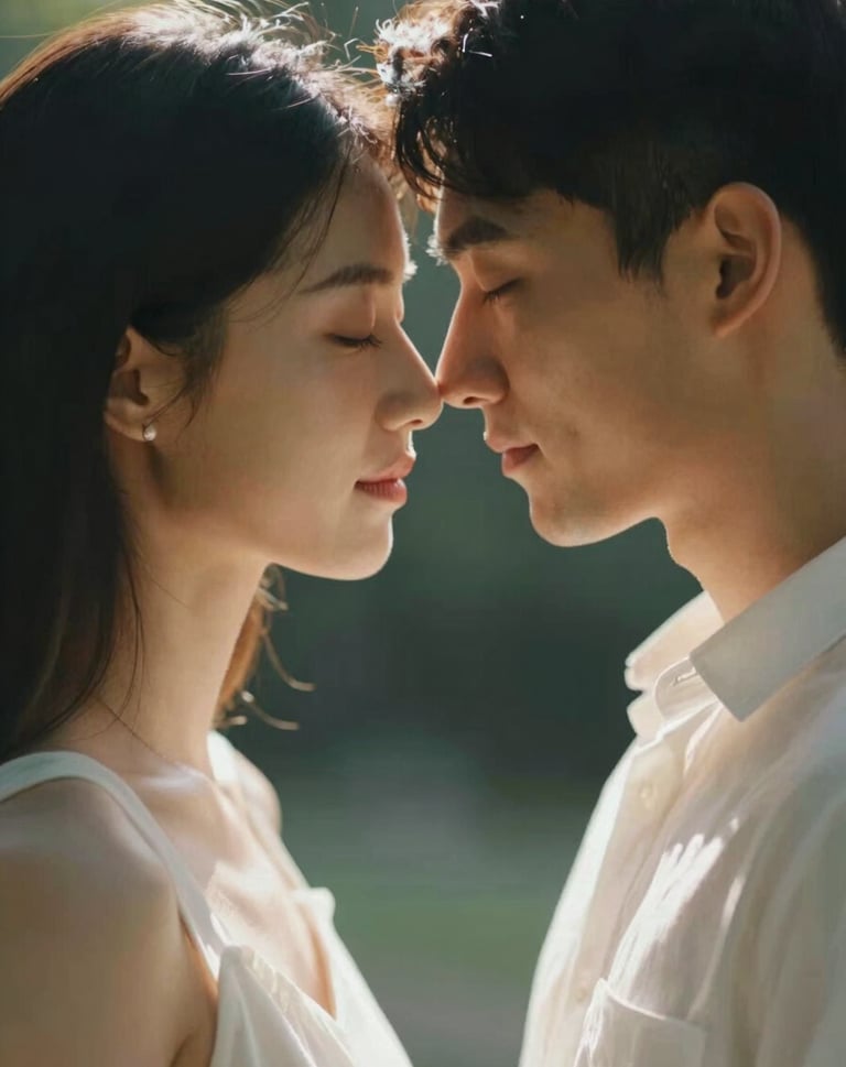 A vertical portrait of the couple standing face-to-face, foreheads touching, eyes closed. The lighting is very soft and sun-drenched, creating a romantic, ethereal atmosphere. Intimate storytelling style with deep shadows and warm highlights.