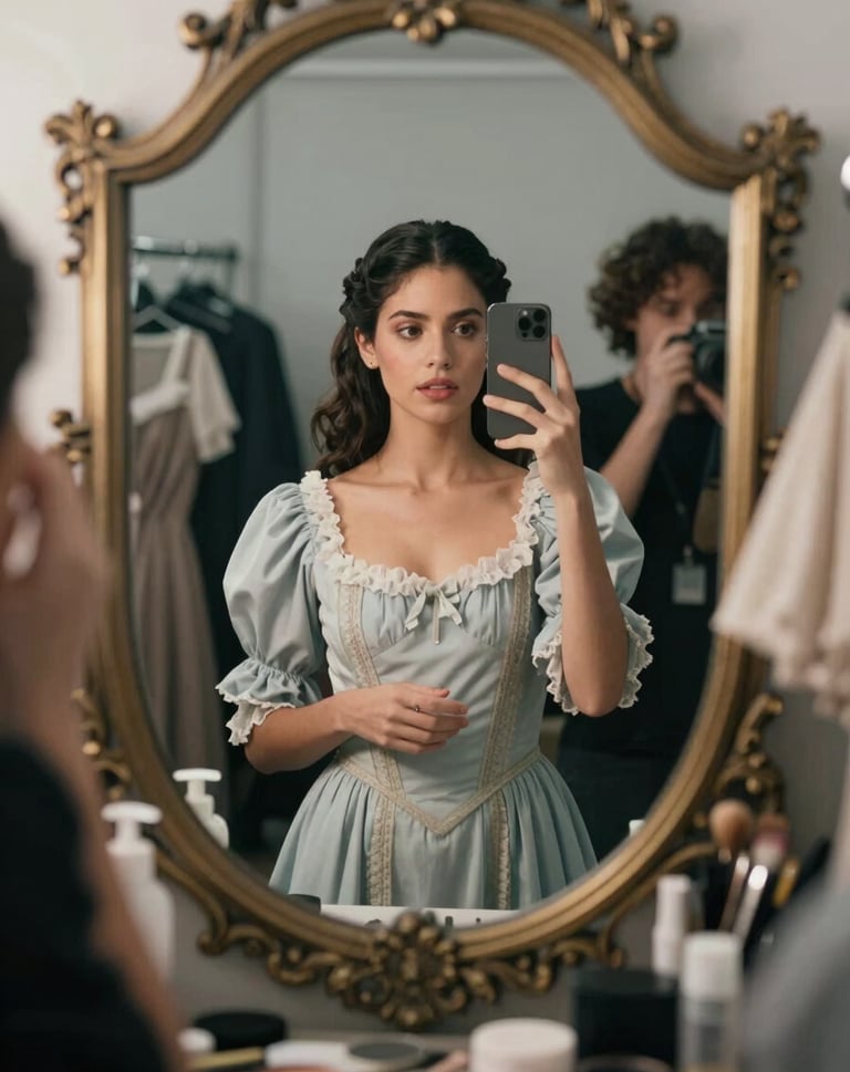 A candid shot of Maylin Cruz backstage in an ornate mirror, surrounded by classical costumes and props, soft cinematic lighting using #C8B8B8 and #F5F0EC tones.