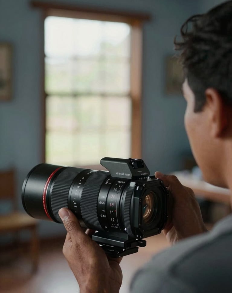A close-up interview shot for a documentary, soft natural lighting through a window, professional depth of field, South American interior, warm steel blue-grey mood.