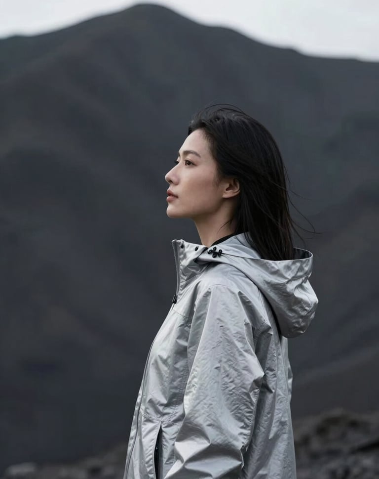A minimalist portrait of a woman looking out at a deep charcoal mountain range. She is wearing a soft silver jacket. Professional travel lifestyle aesthetic.