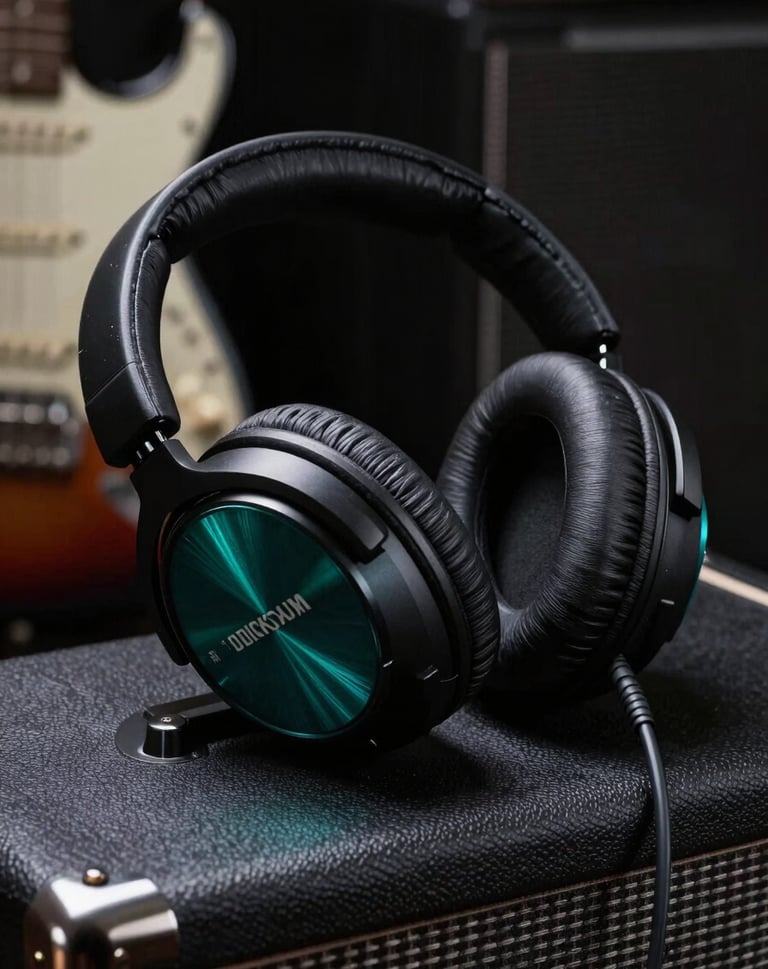 A high-contrast photo of professional headphones resting on a guitar amplifier, featuring deep forest teal reflections and sharp highlights.