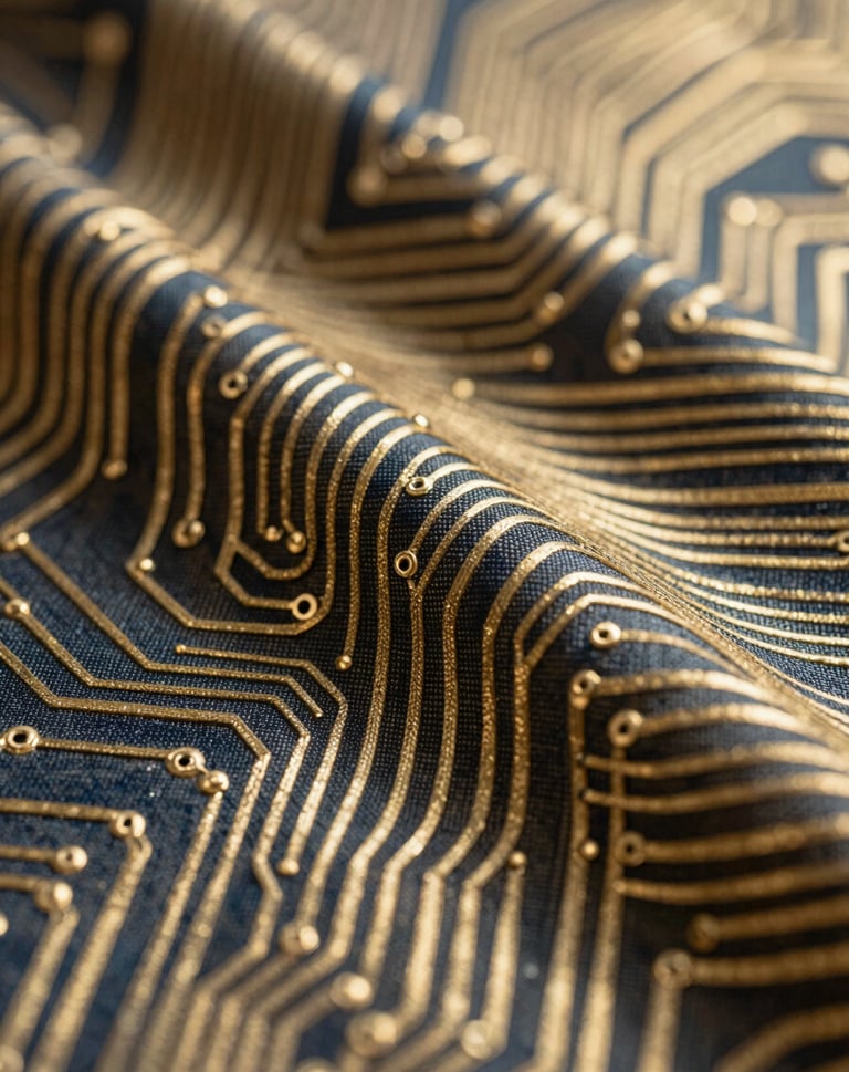 Extreme close-up photography of a textile surface woven with metallic gold and dark navy threads, resembling the intricate paths of a circuit board but with the soft texture of silk. Soft, natural morning light.