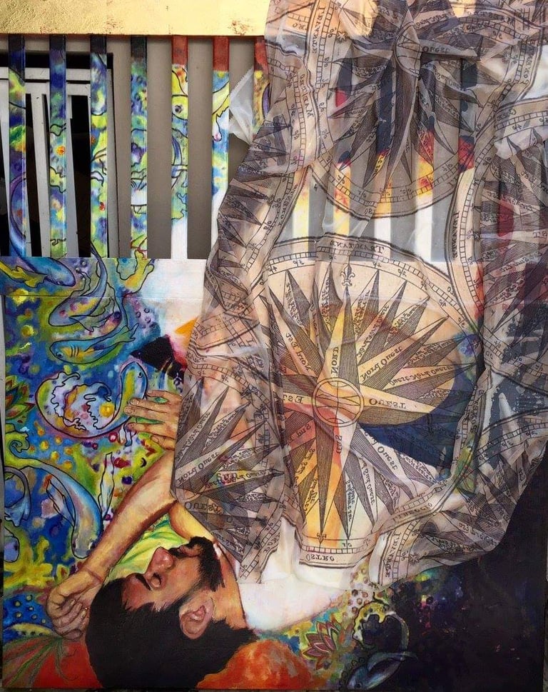 a painting of a man laying on a bed