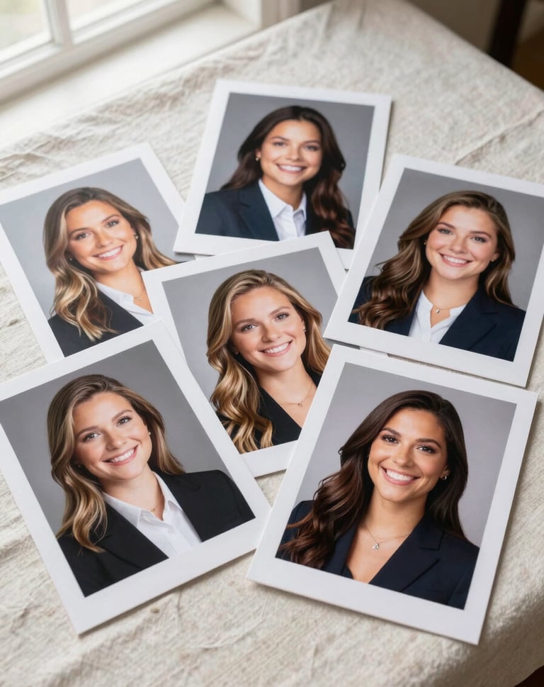 Several professionally printed senior portraits with white borders laid out artistically on a light cream linen cloth. The setting is a bright North American studio with soft window light. The composition is a top-down view showing various smiles. Clean and modern aesthetic.