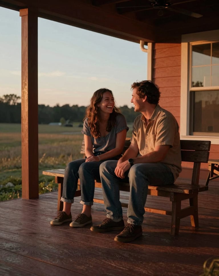 A candid moment of a couple sharing a quiet laugh on a North American / US porch during sunset. Warm lighting creates a cinematic, trustworthy feel. Deep Charcoal shadows and Terracotta highlights on the wooden deck.